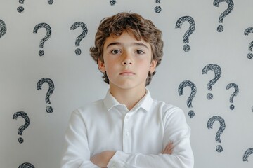 Young student standing with crossed arms against a wall with question marks, embodying curiosity and the process of seeking answers