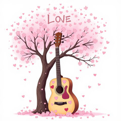 Love Song Guitar. Romantic illustration of acoustic guitar leaning against cherry blossom tree with pink hearts and love text against soft pink background.