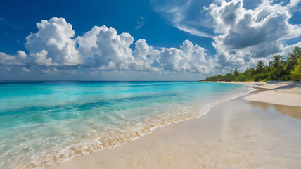 Obraz premium A tropical beach with soft white sand, turquoise waves sparkling under the radiant blue sky, and gentle clouds drifting overhead.