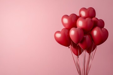 Red heart shaped balloons floating on a pink background, creating a romantic and festive atmosphere