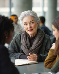Fototapeta premium Elegant elder professor inspiring students in a modern classroom setting, older woman teacher in classroom with children