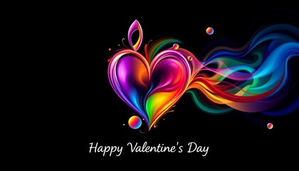Vibrant Love Heart. Abstract rainbow-colored heart design with flowing trails and colorful orbs on black background for Valentine's Day.