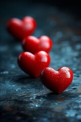 Fototapeta premium Red wet hearts following each other on dark background representing love