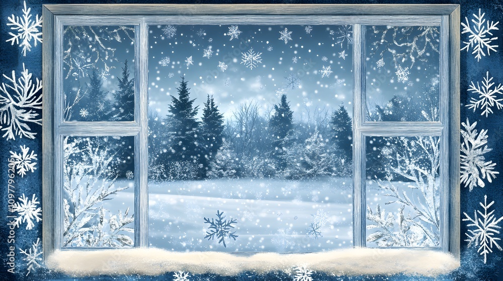 Poster a snowy window with a view of the winter wonderland outside, decorated with frosty patterns, leaving