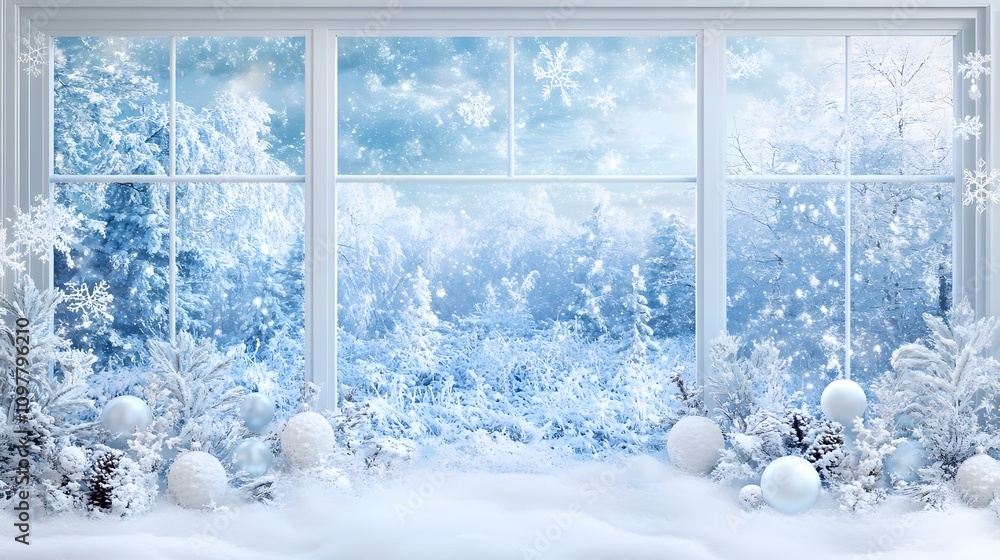 Aufkleber a snowy window with a view of the winter wonderland outside, decorated with frosty patterns, leaving