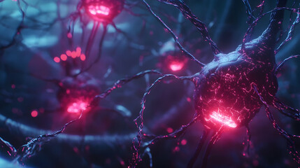 A glowing red neuron with intricate branching dendrites in a dark, vibrant microscopic environment, symbolizing neural communication and synaptic activity.

