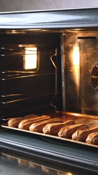 A pastry chef makes eclairs in a bakery. eclairs are baked in the oven. eclair production process. pastry bag with dough. eclairs are baked in a convector