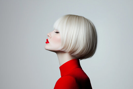 woman with platinum blonde bob hairstyle and red lipstick poses in profile against white background, wearing red turtleneck. image exudes elegance and modern fashion