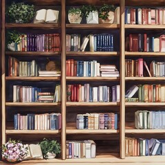 Sunlit wooden bookcase filled with various books and plants.
