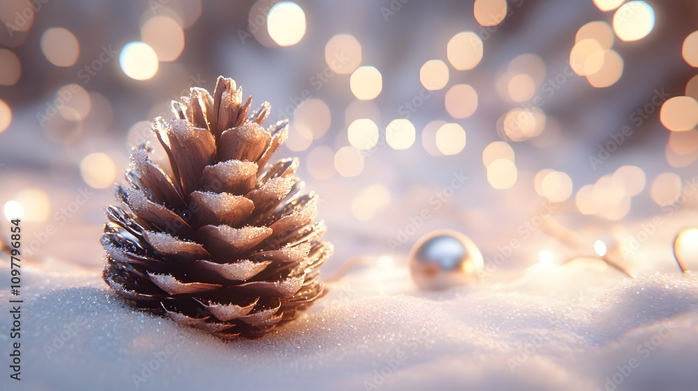 Poster a close-up of a snow-covered pine cone surrounded by soft bokeh lights and sparkling ornaments. empt