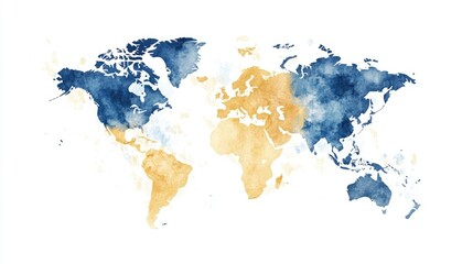 Artistic watercolor world map in blue and gold hues, representing global connectivity and adventure.