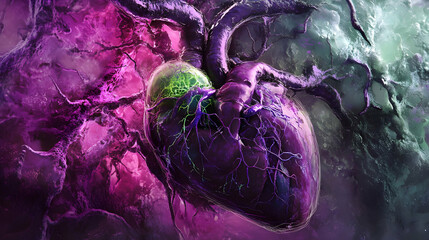 Obraz premium An artistic representation of a glowing heart in purple and pink tones, surrounded by green vascular structures, emphasizing the heart's biological intricacy.