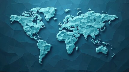 Stylized low-poly world map in shades of teal and blue, representing global connectivity and exploration.