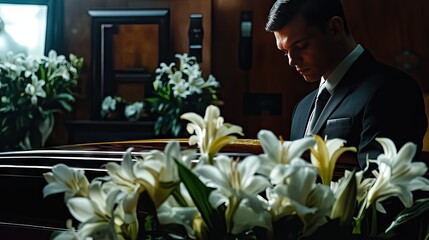 A somber young man in a suit stands beside a casket, surrounded by white lilies, reflecting on a moment of loss.