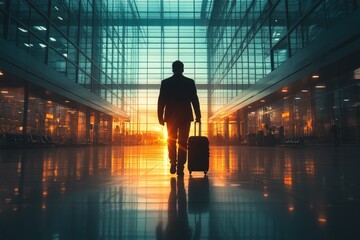 Fototapeta premium Businessman is walking in airport terminal with trolley luggage at sunset