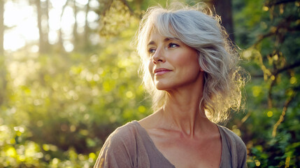 Mature woman embracing healthy aging in nature’s tranquility, older lady being graceful