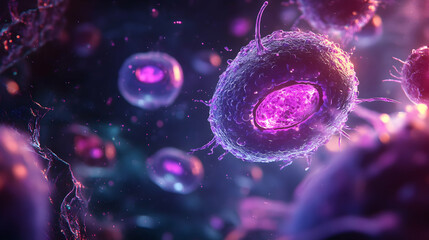 A microscopic view of glowing pink cells with bright cores, floating in a dark, vibrant biological setting, symbolizing cellular activity and scientific exploration.

