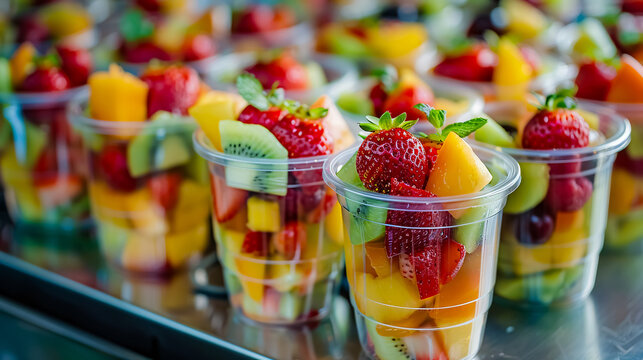 Fruit salad neatly arranged in plastic cups for sale, displayed in a refrigerator showcase or buffet, commonly used as cocktail ingredients or toppings for a chocolate fountain, with selective focus.