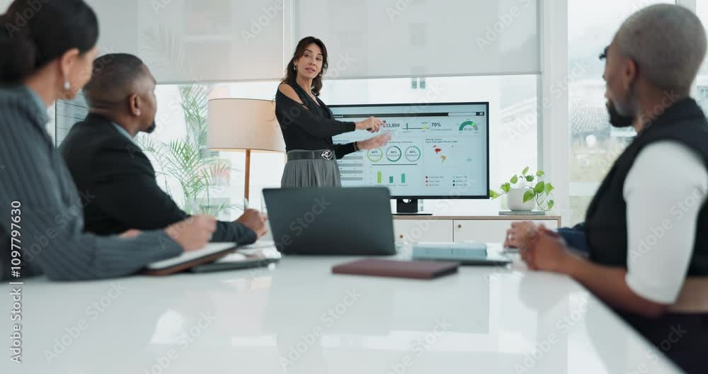 Poster Group of people, meeting and presentation screen with data analysis, diversity and insights in tech company. Team, collaboration and development for workshop, analytics or discussion in brainstorming