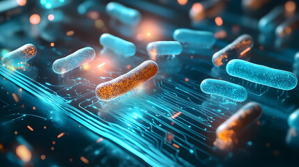 A tech-inspired depiction of floating bacteria surrounded by glowing blue patterns, symbolizing advanced scientific research and microbiological innovation.

