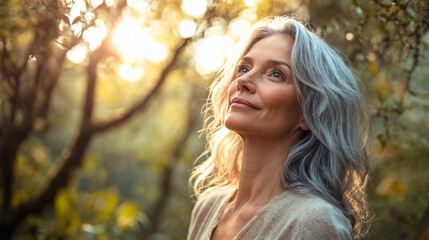 Fototapeta premium Elegant woman reflecting on positivity and healthy habits in nature