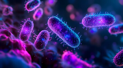 Obraz premium A vibrant visualization of purple and pink bacteria with glowing structures, showcasing the intricate details of microbial organisms in a dynamic microscopic environment.