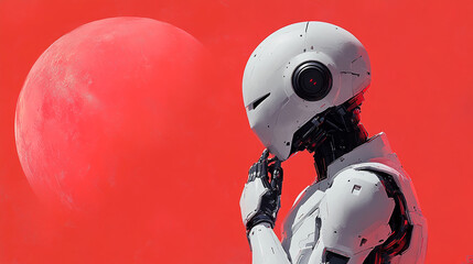 Thoughtful Robot on a Red Background with Artificial Intelligence Concept