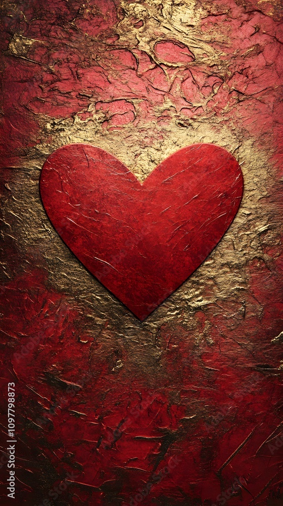 Poster a red and gold textured background with a heart motif and a luxurious feel, with a large central emp