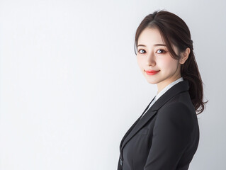 confident Japanese businesswoman in black suit stands against white background, exuding professionalism and poise