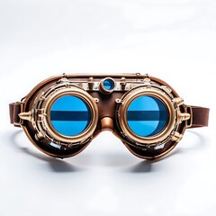 Steampunk goggles with blue lenses and metallic frame on a light background. Retro-futuristic eyewear design for concept art and print.
 isolated on white background ,