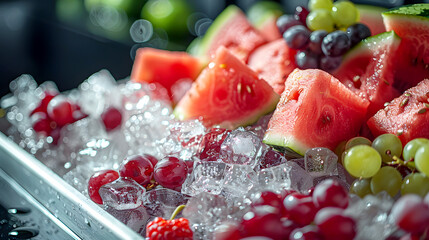 Fresh and Colorful Fruit Arrangement on Ice with Watermelon and Berries