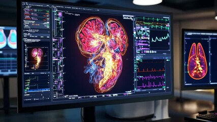 A digital visualization of a human kidney with data overlays and graphs for analysis.