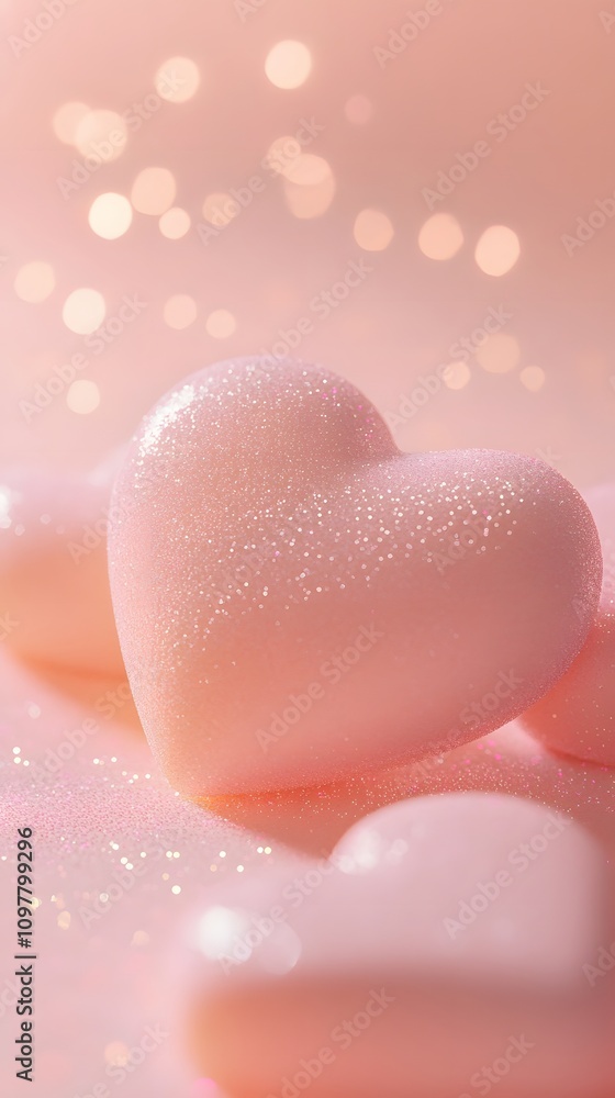 Poster a dreamy design with hearts and soft pink sparkles, with a light gradient background and ample space