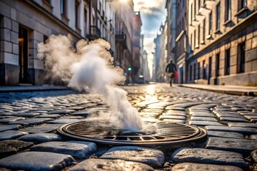 steam rising from manhole on cobblestone street. Urban infrastructure issue