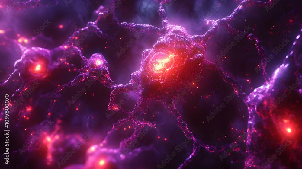 Sticker a vibrant neural network with a glowing red core surrounded by intricate pink and purple pathways re