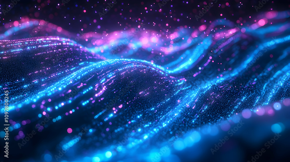 Sticker a flowing stream of glowing blue and pink particles representing futuristic data or neural activity 