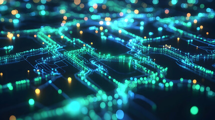 A glowing green and blue futuristic microcircuit, integrating technology and biology in intricate detail.