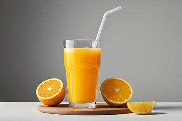 there is a glass of orange juice with a straw and orange slices