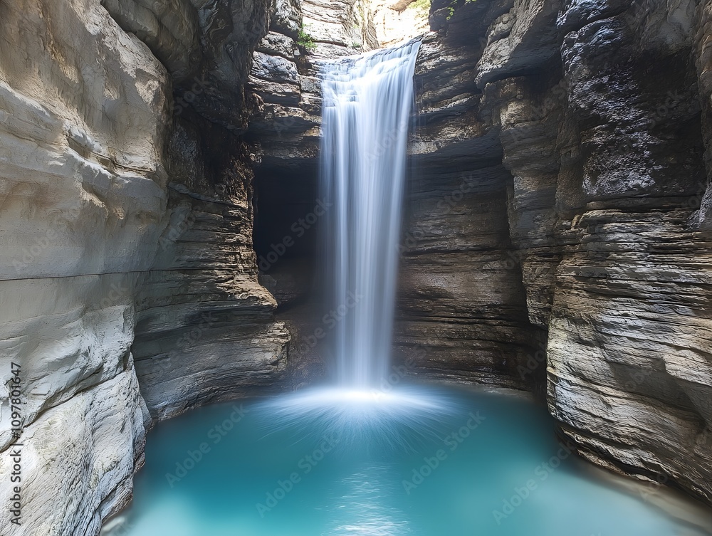 Poster a serene waterfall cascading into a tranquil pool surrounded by smooth rock formations.