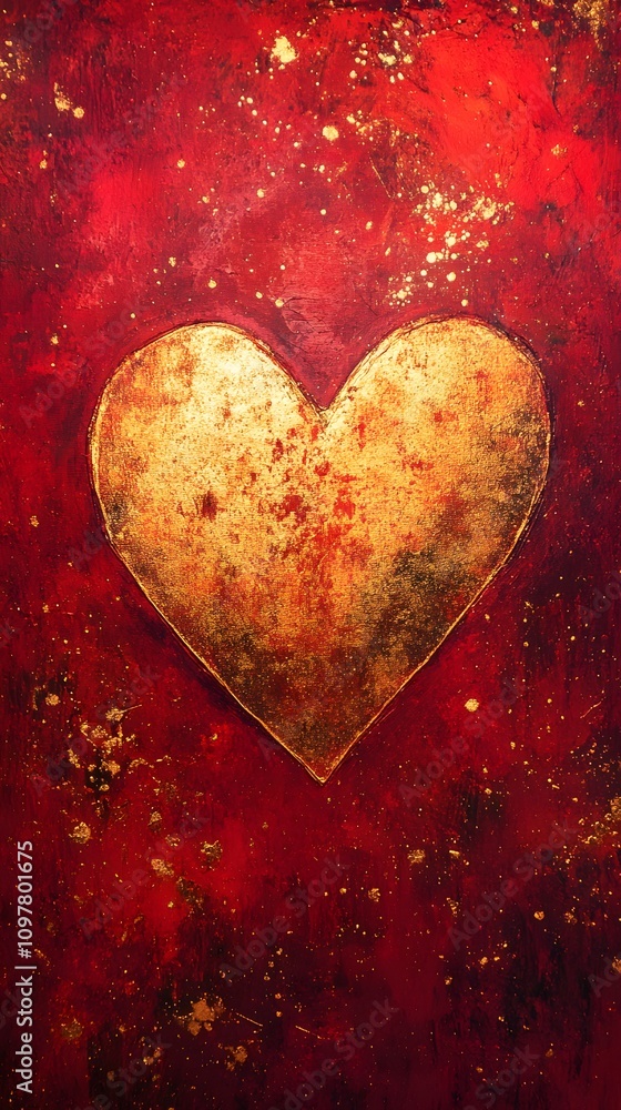 Poster a vibrant, deep red background with soft golden sparkles and a heart-shaped pattern, with a large ce