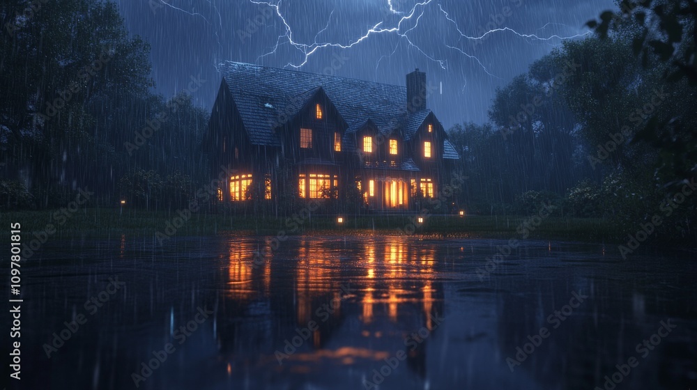 Poster a dramatic image of a large, dark house illuminated from within during a stormy night. lightning str
