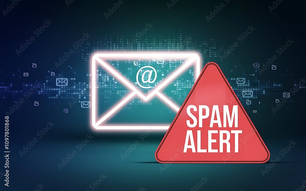 Poster spam alert: a stark warning against unsolicited emails, depicted as a glowing envelope with a red tr