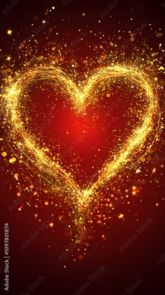 Poster a vibrant, deep red background with soft golden sparkles and a heart-shaped pattern, with a large ce