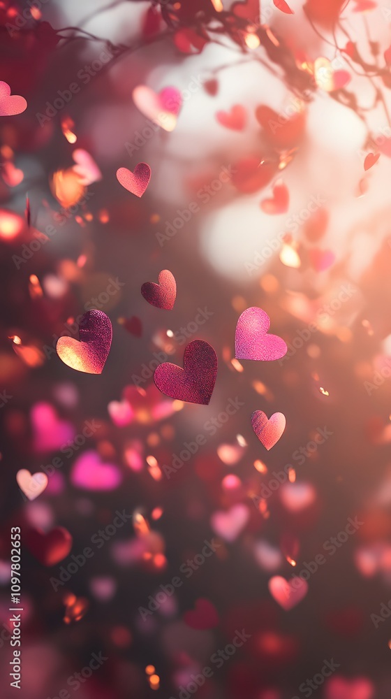 Poster a soft-focus background with floating hearts and light bokeh effects in soft reds and pinks, with a 