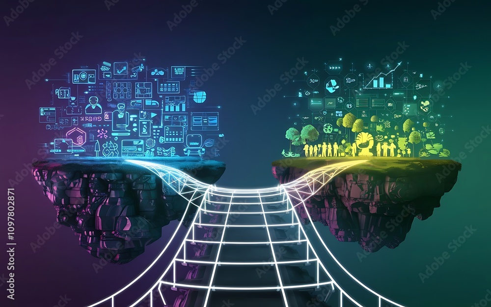Poster bridging the gap: abstract digital illustration depicting a conceptual bridge connecting two islands