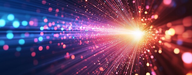 Naklejka premium An abstract representation of digital data flow shown as light beams spreading in all directions, illuminated by glowing lights and shadows on modern background