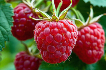 raspberries hanging from branches in the sunlight