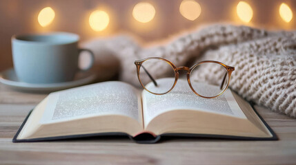 cozy scene featuring open book with glasses resting on it, alongside cup. warm bokeh lights in background create relaxing atmosphere perfect for reading
