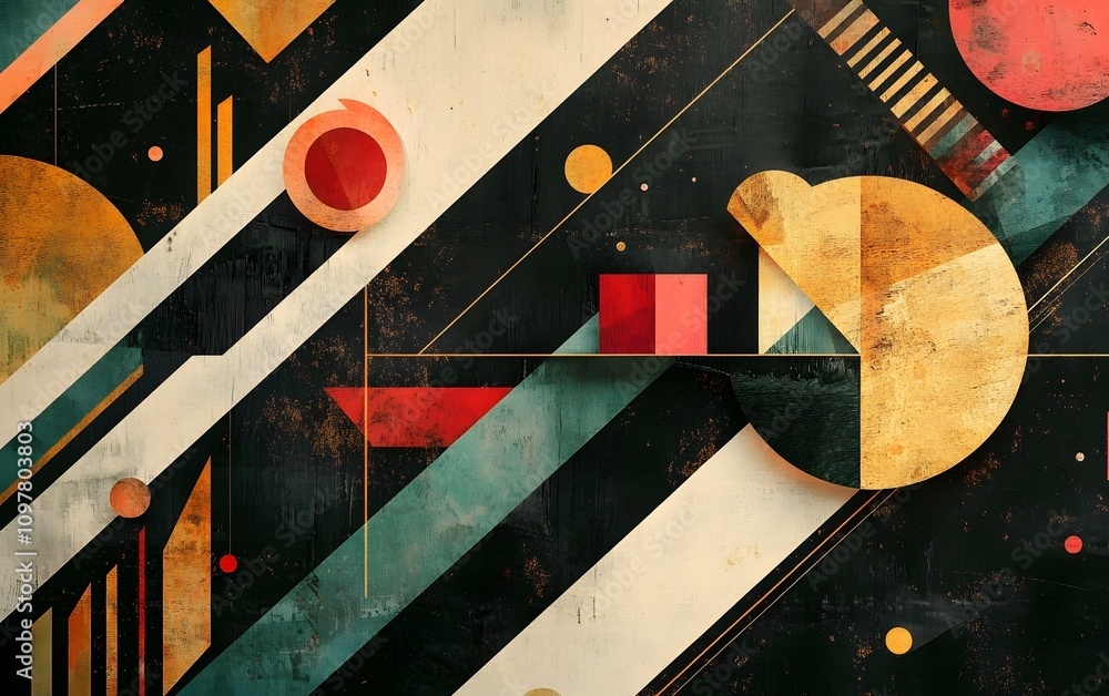 Poster a vibrant, abstract composition featuring geometric shapes and bold colors. this artwork combines dy