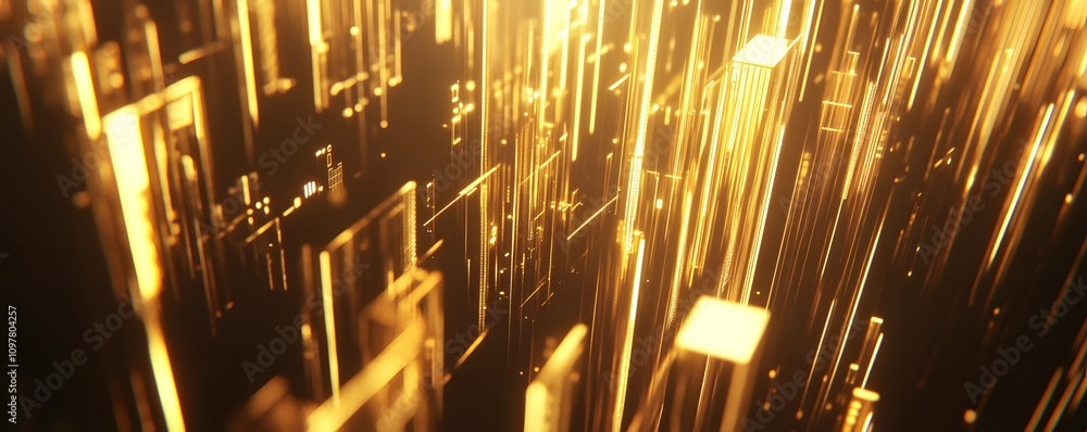 Poster abstract digital visualization featuring glowing golden lines and shapes, creating a sense of depth 